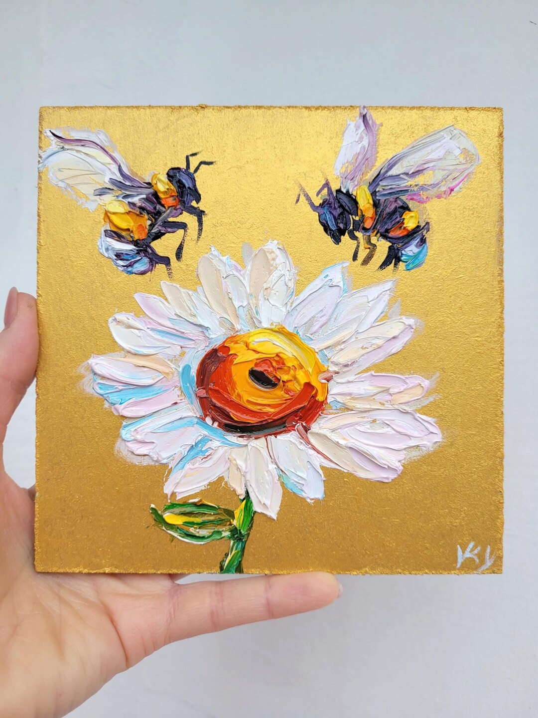 Honey Bee and Daisy Oil Painting Original Art Bumblebee Artwork Impasto ...