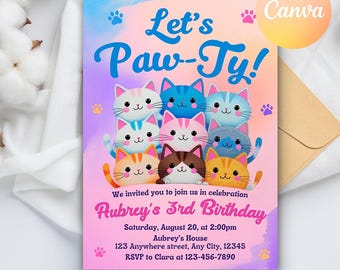 Verjaardagsuitnodiging met kattenthema, kattenfeestje uitnodigen, verjaardagsuitnodiging kat, kattenuitnodiging, Are you kitten me Invite, bewerkbare canva-sjabloon