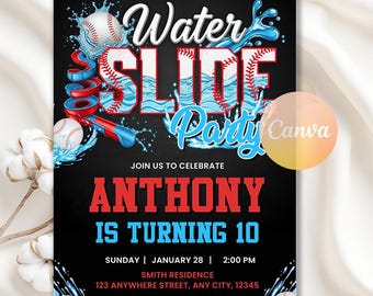 Baseball Water Slide Birthday Invitation, Baseball Birthday Invitation, Baseball Water Slide Party, Baseball Invite, Editable Canva Template