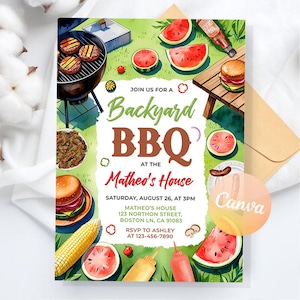 BBQ Digital Invitation, Backyard BBQ Chill and Grill Birthday Invites, BBQ Grill and Chill Digital Download Invite, Editable Canva Template