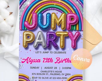 Invitación de cumpleaños para parque de trampolines, invitación para fiesta de saltos, invitación de cumpleaños para niña saltando, fiesta de niñas, descarga digital, plantilla editable de Canva