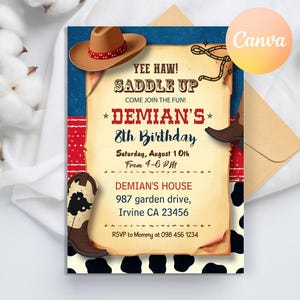 Cowboy Birthday party Invitation, Cowboy Invitation, Rustic Wood invites, Cowboy Hat and Lasso, Country Western Invitation