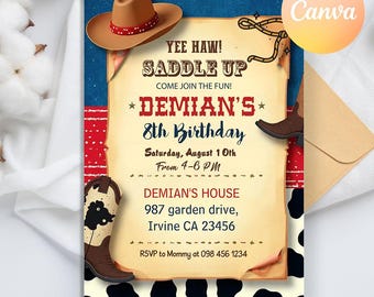 Cowboy Birthday party Invitation, Cowboy Invitation, Rustic Wood invites, Cowboy Hat and Lasso, Country Western Invitation
