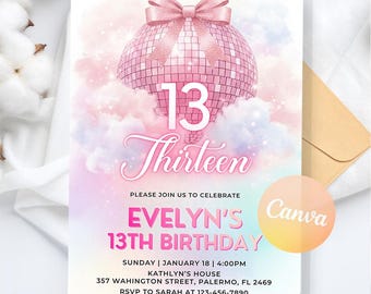 Convite de aniversário Coquette Bow Disco, convite rosa para festa de meninas, download digital, modelo editável do Canva