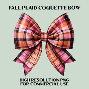 Può includere: Un grande fiocco decorativo con un motivo a quadri nei toni del rosa, arancione e nero. Il fiocco è etichettato "FALL PLAID COQUETTE BOW" e "HIGH RESOLUTION PNG FOR COMMERCIAL USE". Il fiocco è posto su uno sfondo verde chiaro.