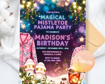 Christmas Pajama Party Invitation, Ugly Sweater Party, Girls Pajamas Birthday, Digital Download, Editable Canva Template