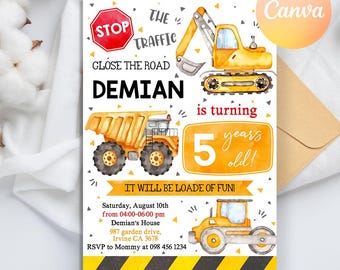 May include: Construction themed birthday party invitation with a yellow dump truck, excavator, and road roller. The invitation says "The Traffic Close The Road Demian is turning 5 years old! It Will Be Loade Of Fun! Saturday, August 10th from 04:00-06:00 pm Demian's House 987 garden drive, Irvine CA 3678 RSVP to Mommy at 098 456 1234"