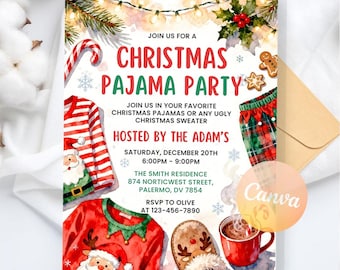 Christmas Pajama Party Invitation, Pajama Invitation, Christmas Party Invite, Holiday Party Invite, Instant Download Editable Canva Template