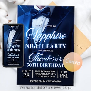 May include: Digital invitation for a Sapphire Night Party celebrating Theodore's 50th birthday. The design features a dark blue tuxedo with a bow tie, and the text includes the date, time, and location. Two sizes are included: 12.7 x 17.8 cm and 1080x1920 px.