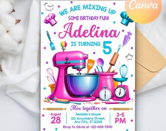 Editable Baking Birthday Party Invitation, Baking Party Invite, Cooking Birthday Invitation, Baking Girl Birthday, Editable Canva Template