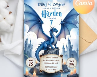 Fantasy Dragon Birthday Invitation Template, Boy Dragon Birthday Party Invitation, Magical Creatures Birthday Party, Editable Canva Template