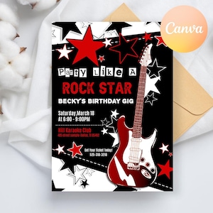Op de afbeelding: Een zwart-witte verjaardagsuitnodiging met rode sterren en een rode elektrische gitaar. De tekst luidt "Party Like A Rock Star Becky's Birthday Gig" met de datum, tijd en locatie van het evenement.