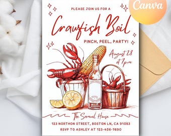 Invitación a fiesta de cangrejos de río hervidos, invitación a fiesta de cumpleaños de mariscos, Times Boil, camarones, calamares, cangrejos de río, plantilla imprimible digital editable de Canva