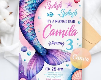 Mermaid Birthday Invitation, Mermaid Bash Invite, Under the Sea Birthday Party,Mermaid Invitation, Digital Download, Editable Canva Template