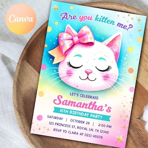 Cat Birthday Invitation, Cat Theme Birthday Invitation, Are You Kitten Me Birthday, Paw-ty Invite, Printable Digital Editable Canva Template
