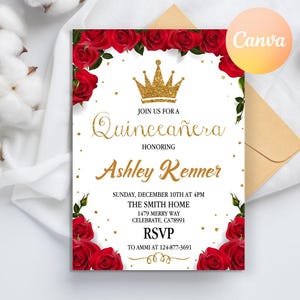 Rote Quinceanera Einladung, Prinzessin Quinceanera Einladungen, MisQuince Smaragdrote Rose Einladung, Mis Quince Anos, Quinceaánera Einladung