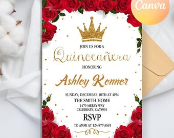 Red Quinceanera Invitation, Princess Quinceanera Invitations, MisQuince Emerald Red Rose Invitation, Mis Quince Anos, Quinceañera Invitation