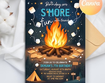 Smores Fun Birthday Invitation, Backyard Camping Invite, S'mores Bonfire Birthday Template, Backyard Camping Invite, Kids Campfire Party