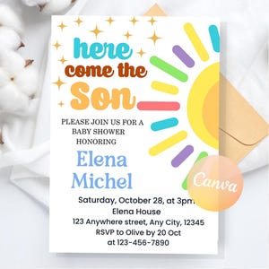 Sunshine Baby Shower Invitation, Here Comes the Son Baby Shower Invite, Here Comes The Son, Baby Shower Instant Download, Editable Canva