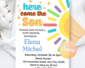 Sunshine Baby Shower Invitation, Here Comes the Son Baby Shower Invite, Here Comes The Son, Baby Shower Instant Download, Editable Canva