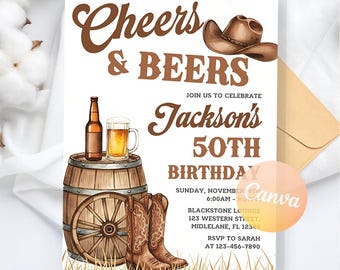 Cheers and Beers Invitation, Western Cheers and Beers Boots Invite, Surprise Birthday Party Invite, Cowboy Invite, Editable Canva Template