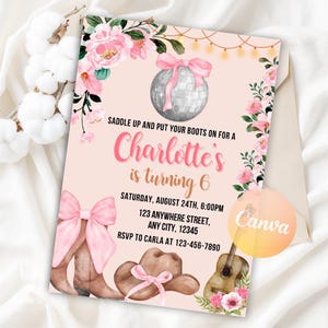 Cowgirl Birthday Invitation, Pink Cowgirl Party Invite, Nashville Party, Space Cowgirl Birthday, Disco Rodeo Invite, Editable Canva Template
