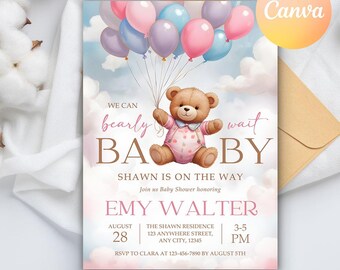 Gender Neutral Bear Baby Shower Invitation, We Can Bearly Wait Baby Shower Invite, Baby Shower Neutral Bear Invite, Editable Canva Template