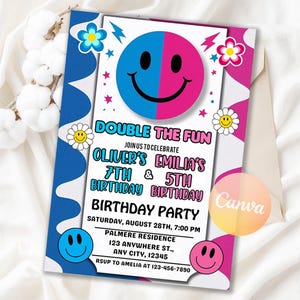 Retro Groovy Smile Checker Birthday Invitation, Combined Birthday Party Invitation, Siblings Joint Birthday Invite, Editable Canva Template