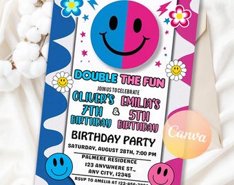 Retro Groovy Smile Checker Birthday Invitation, Combined Birthday Party Invitation, Siblings Joint Birthday Invite, Editable Canva Template