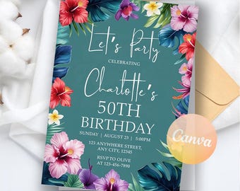 Hawaii Birthday Invitation, Aloha Party, Luau Tropical Flowers Birthday Invitation, Aloha LUAU Digital Download, Editable Canva Template