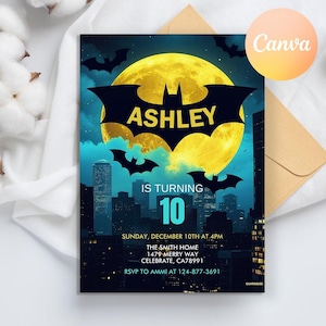 May include: A blue and yellow birthday invitation with a black Batman silhouette in front of a yellow moon. The invitation says "Ashley is turning 10" and includes details for the party.
