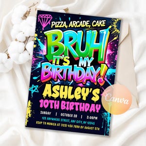 Convite "É o meu aniversário", convite neon, convite "Você está dentro?", convite de aniversário com grafite, convite para adolescentes, modelo editável do Canva