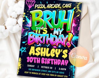 Bruh It's My Birthday Invitation, Bruh Neon Invitation, BRUH YOU IN? Graffiti Birthday Invitation, Teenager Invite, Editabale Canva Template
