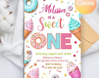 Sweet One Birthday Invitation, Donut Invitation, Sweet One Candy Dessert ivnitation, Donut Party invitation, 1st Birthday Girl Invitation