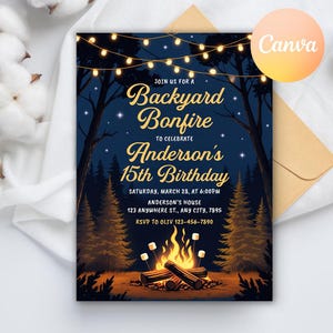 Inbjudan till brasa, inbjudan till bakgårdsbrasa, födelsedagsinbjudan till S'mores, digital inbjudan till brasafest, redigerbar Canvas-mall