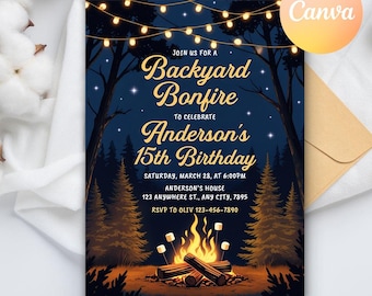 Bonfire Birthday Invitation, Backyard Bonfire Invite, S'mores Birthday Invitation, Bonfire Party Invite Digital, Editable Canva Template