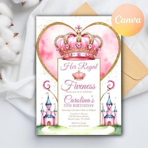 Son faire-part d'anniversaire princesse royale, faire-part d'anniversaire princesse, invitations princesse filles, modèle de toile modifiable numérique imprimable