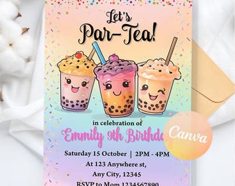 Boba Tea Birthday Party Invitation, Bubble Tea Theme Invite, Girls Par-Tea, Any Age All Ages Kids Digital Download, Editable Canva Template