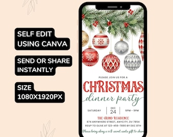 Pode incluir: Um convite digital para um jantar de Natal exibido em um smartphone. O convite apresenta enfeites festivos, vegetação e o texto "Christmas dinner party". Detalhes do evento e instruções estão incluídos.