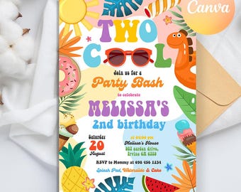 Two Cool Birthday Party Invitation, Tropical Pool party Invitation, Splish Splash invitation, Summer Boy 2nd Birthday,