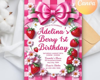 Berry First Birthday Invitation, Berry 1st Birthday Invite, Strawberry First Birthday Invite, Girls 1st Birthday Invitation, Editable Canva