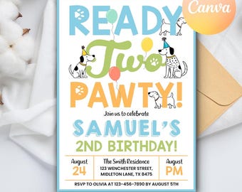 May include: A birthday party invitation with a blue border. The text reads "READY Two PAWTY!" with dog illustrations and balloons. It includes details for Samuel's 2nd birthday, date, time, address, and RSVP information.