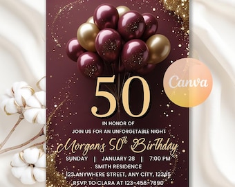 Plantilla de invitación para 50 cumpleaños, cumpleaños burdeos y dorado, invitaciones para fiesta de cumpleaños con globos, invitación para fiesta de adultos, plantilla editable de Canva