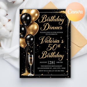 Birthday Dinner Invitation, Dinner Party Invitation, Black Rehearsal Dinner Invite, Dinner Birthday Party Invite, Editable Canva Template