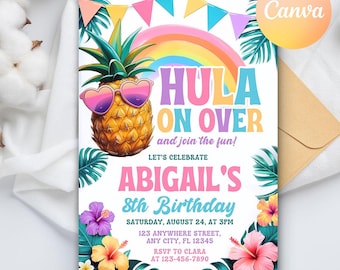 Invitación de cumpleaños "Hula On Over" para niñas, colorida invitación a fiesta luau tropical, invitación a fiesta hawaiana, plantilla Canva de descarga instantánea