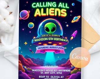Alien Birthday invitation, UFO video invitation, Spaceship Party template, Galaxy Space Birthday, Instant Download, Editable Canva Template