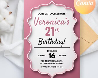 Ladies 21st birthday Invitation, Pink Red Dinner Party Invite, Scalloped Invite, Pink and Red Wavy 21st Birthday Invite, Wavy Border 21st