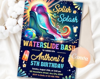 Water Slide Birthday Invitation, Water Slide Invitation, Water Slide Summer Pool Party, Girl Splash Party Invite, Editable Canva Template