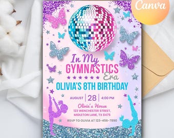 Invitación de cumpleaños de gimnasia editable, invitación de "En mi época de cumpleaños", pulsera de la amistad de cumpleaños de niña gimnasta, plantilla editable de Canva