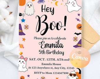 Halloween Pink Ghost Birthday Invitation, Hey Boo Ghost Party, Spooktacular Halloween Party Invite Digital Download, Editable Canva Template